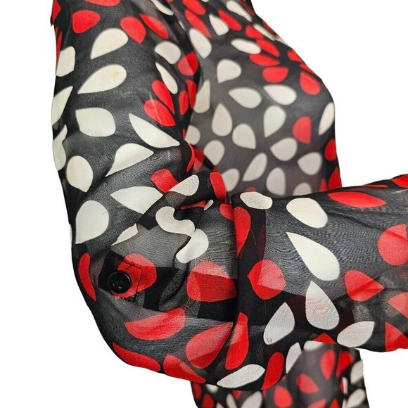 Diane Von Furstenberg 90s Sheer Silk Blouse Women 2 Red White on Black Long Slv - Picture 10 of 13